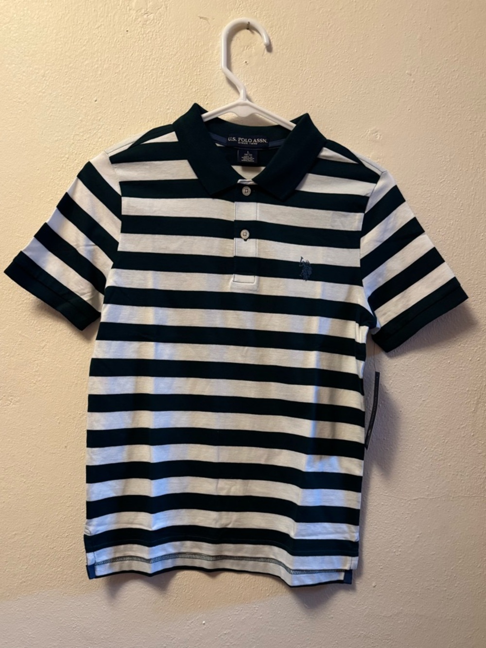 U.S. Polo Assn. Boys Striped Polo Shirt | Green & White Size L (10-12) | Preppy